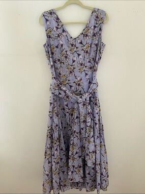Samantha Sung Floral Dress Midi Wrap Belt Sleeveless size 14  Blue Purple